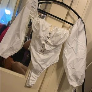 White metal hook off shoulder bodysuit